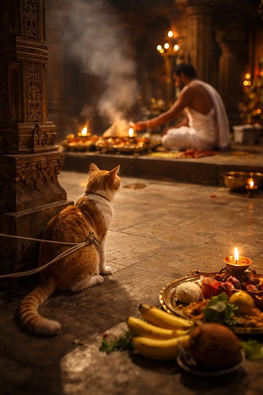 मंदिरातली बांधलेली मांजर !